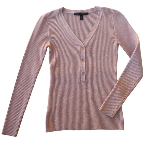 White House Black Market Metallic Ribbed Henley Sweater Pink V Neck Long Sleeve - Picture 5 of 7